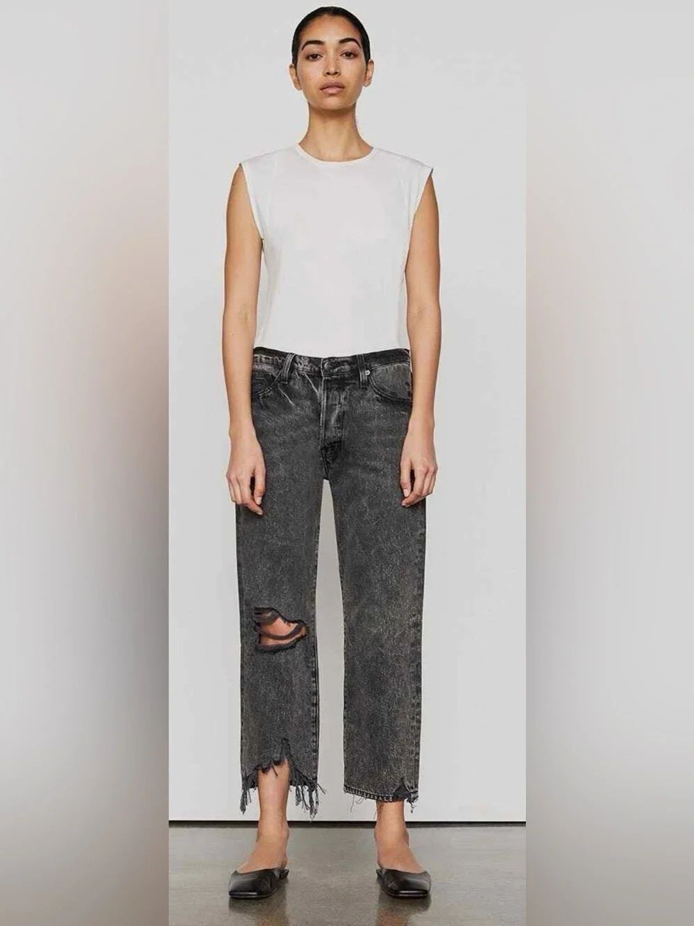 FRAME DENIM Le Slouch Crop Released Cut Jeans Harbor Way Destruct $258